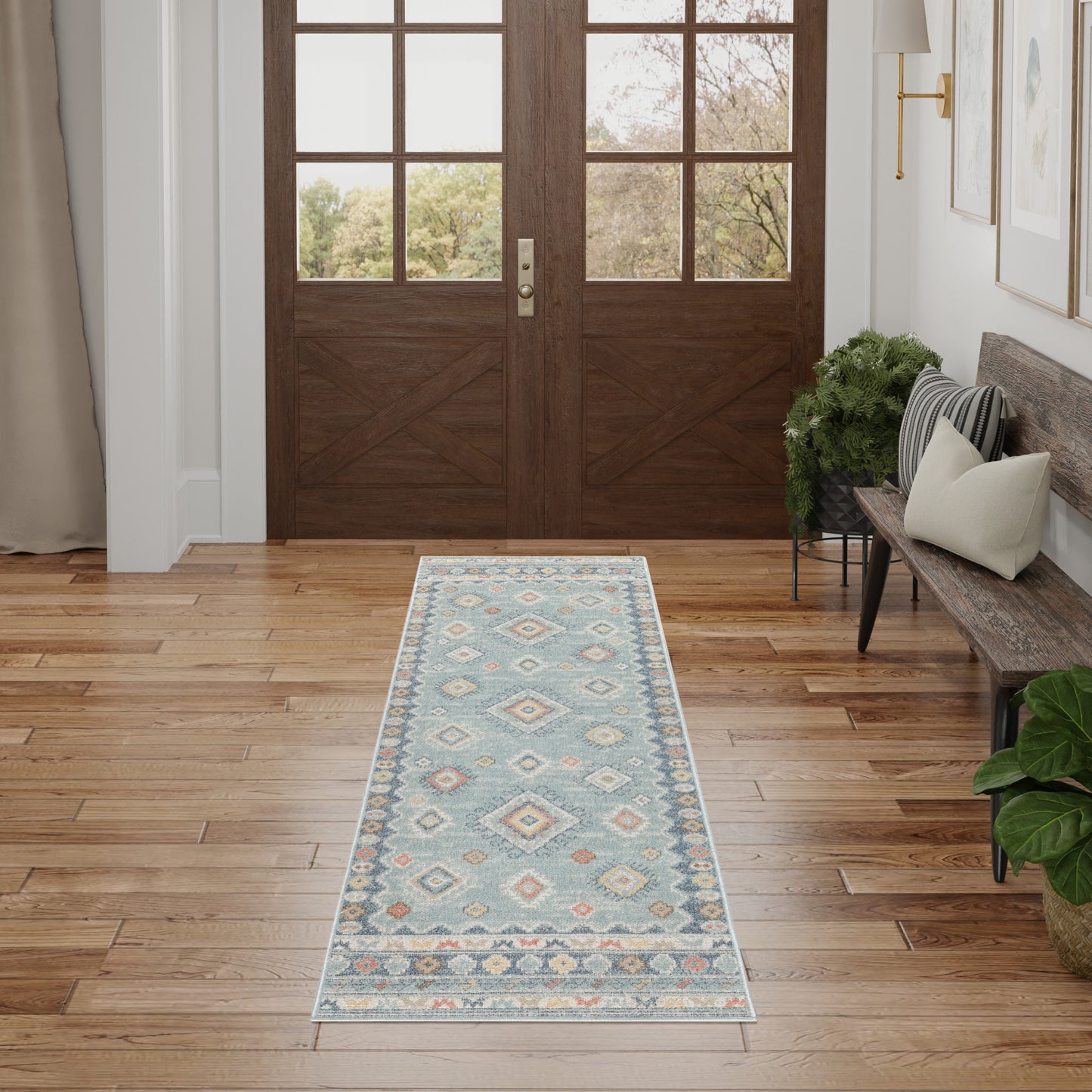 Nourison Washable Decor 2' x 6' Light Blue Bohemian Indoor Rug