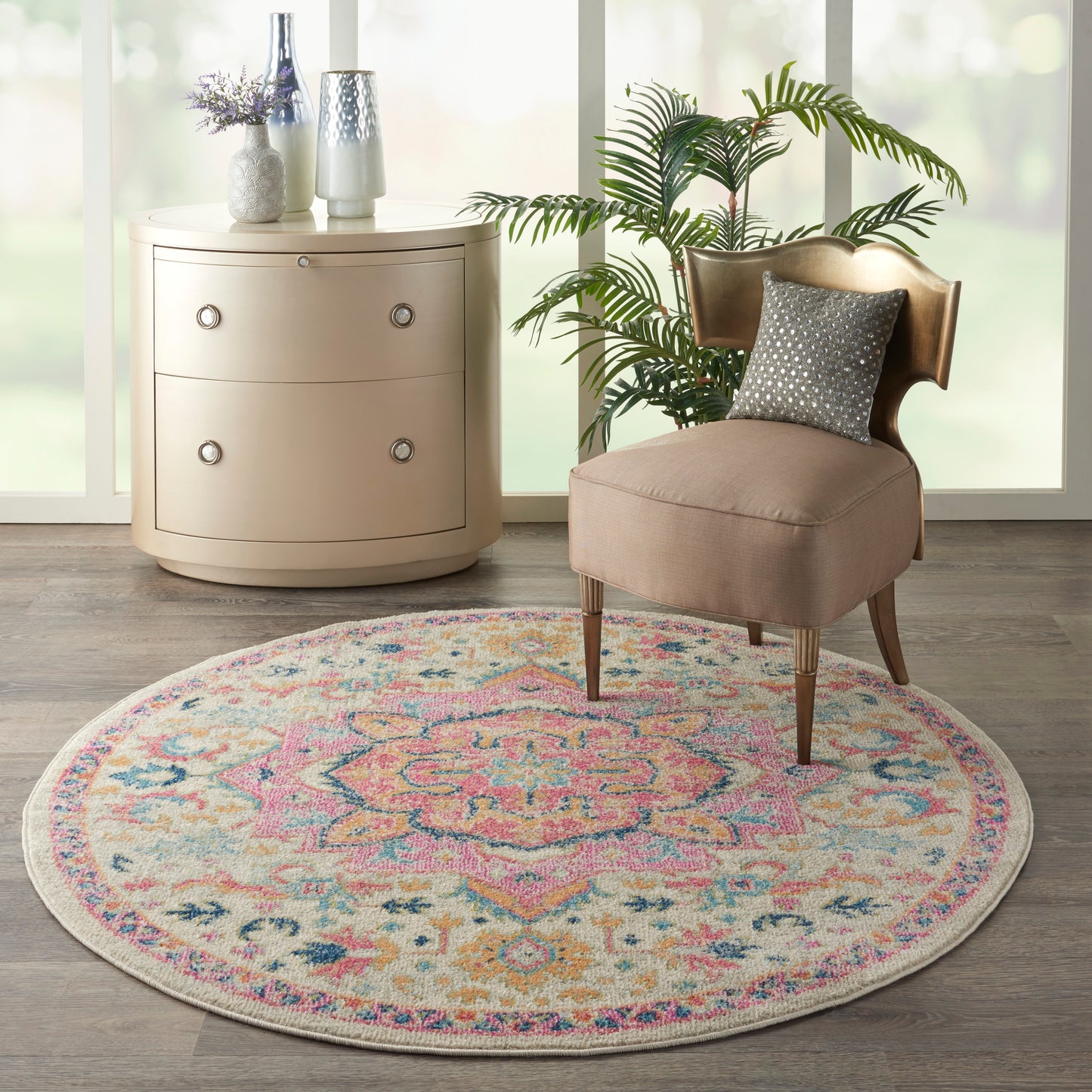 Nourison Passion 5' x Round Ivory Pink Bohemian Indoor Rug