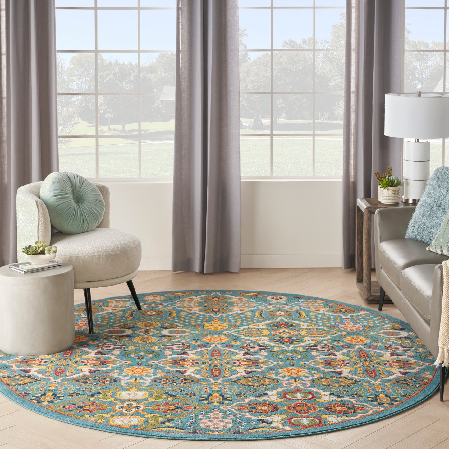 Nourison Allur 7’10” x Round Turquoise Ivory Bohemian Indoor Rug