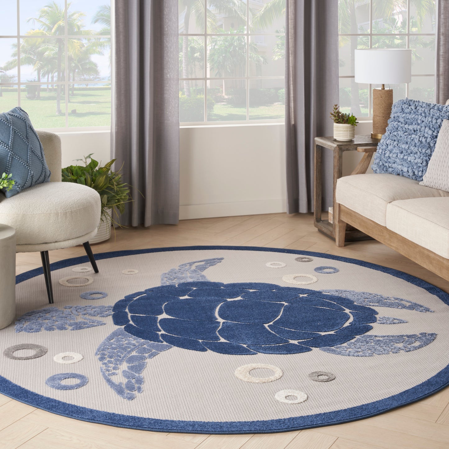 Nourison Aloha 5'3" x Round Navy Blue Coastal, Nautical & Beach Rug