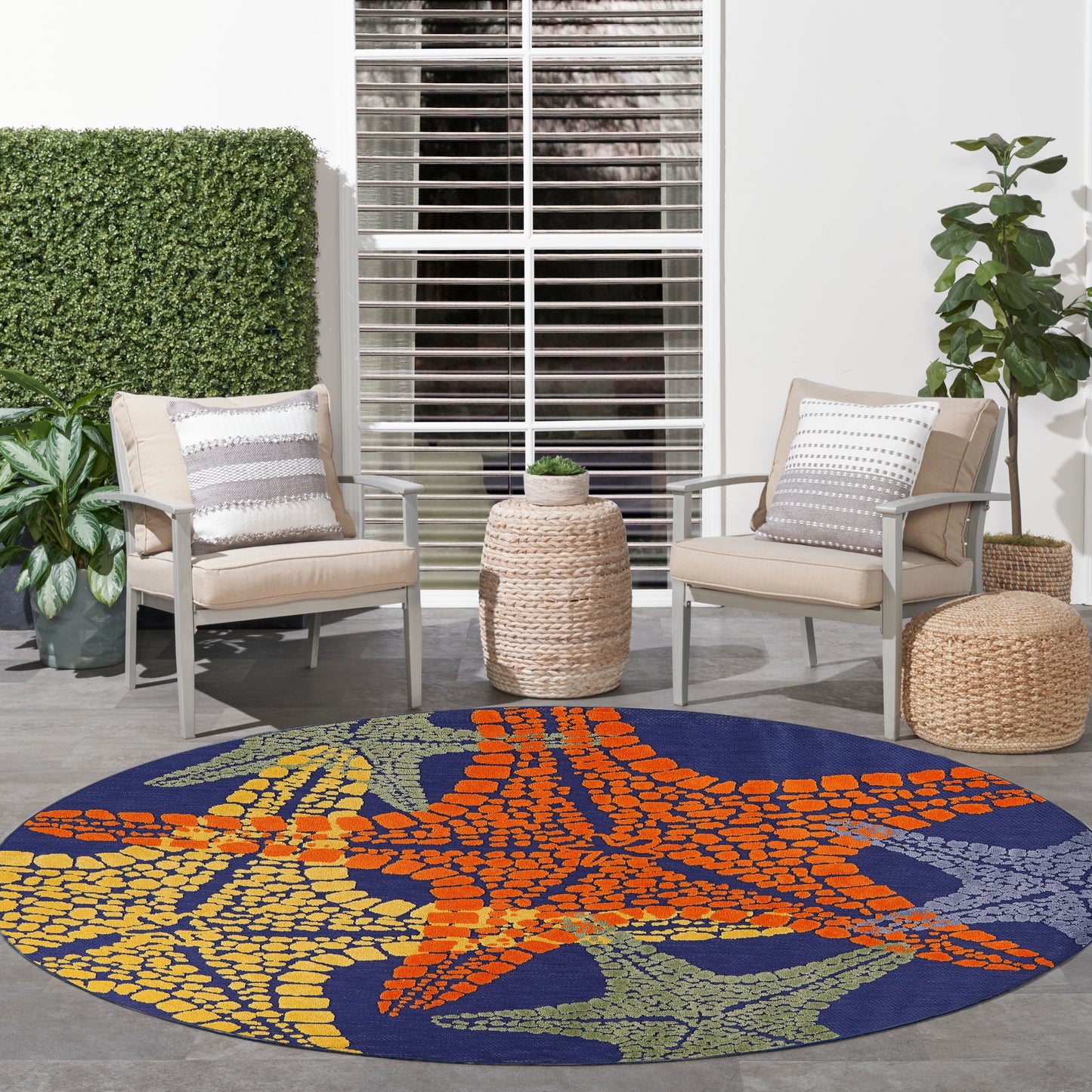 Nourison Aloha 7'10" x Round Blue Multicolor Outdoor Rug