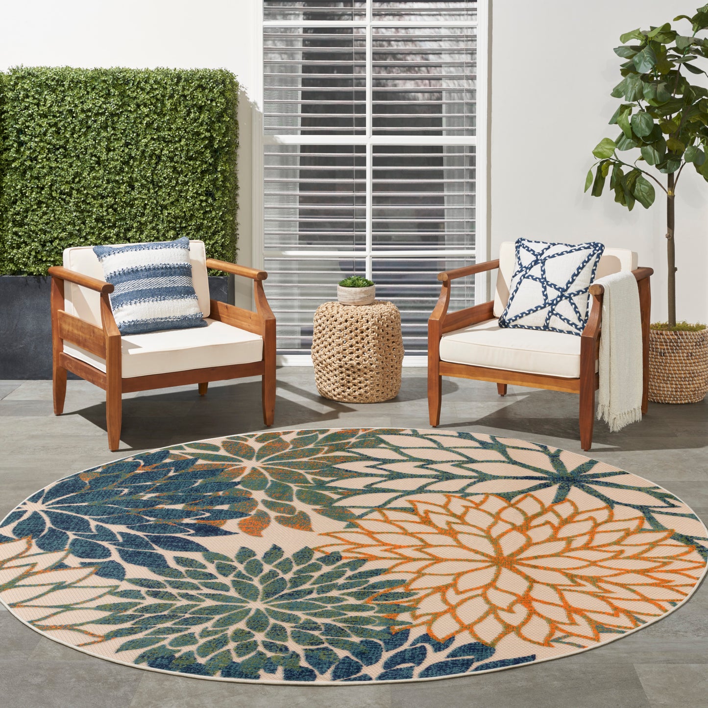 Nourison Aloha 5'3" x Round Blue Green Tropical Rug