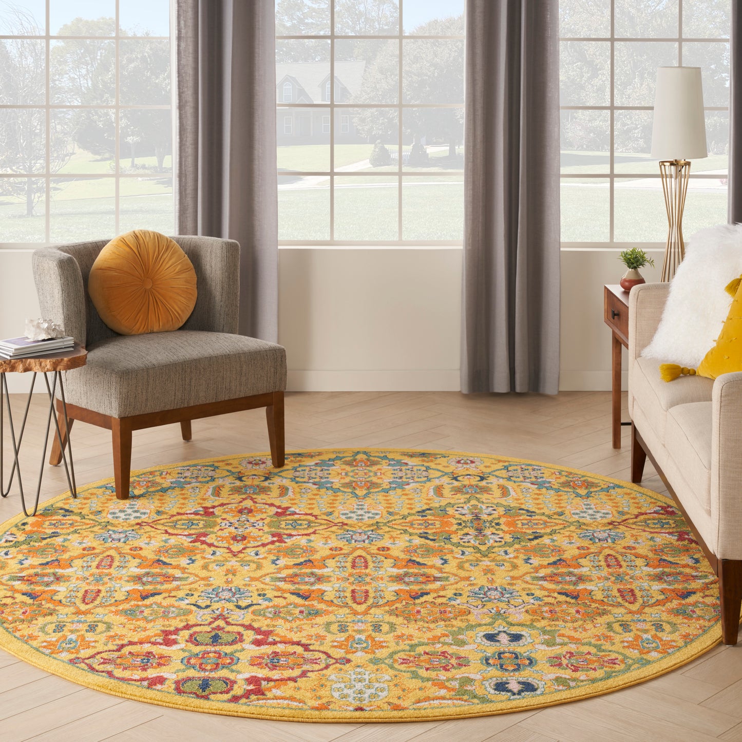 Nourison Allur 7’10” x Round Yellow Multicolor Bohemian Indoor Rug