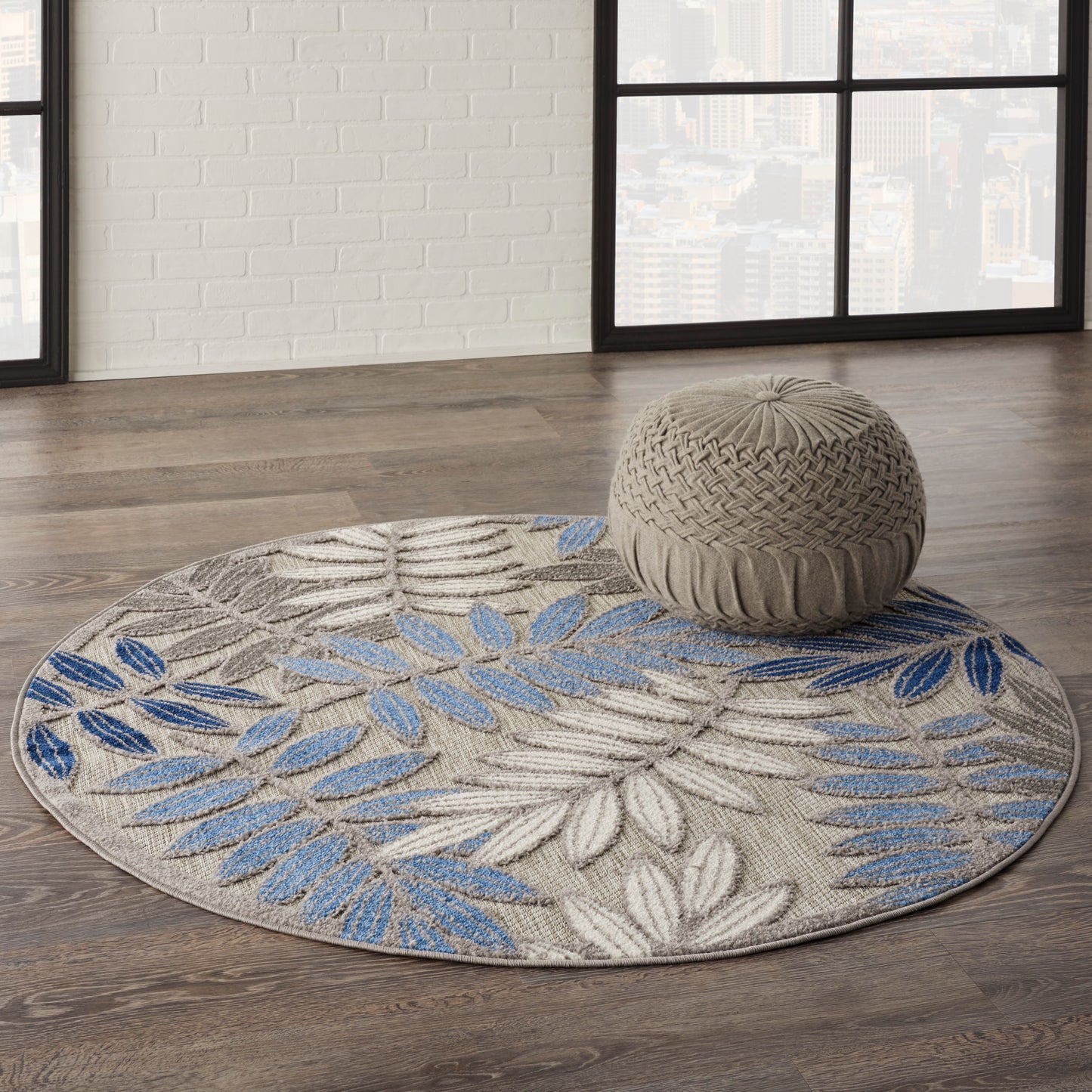 Nourison Aloha 4' x Round Grey/Blue Tropical Rug