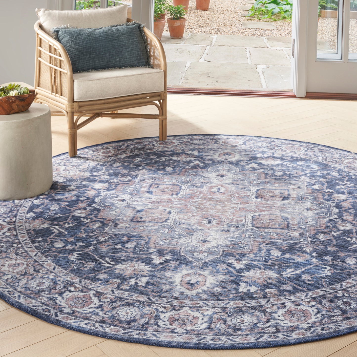 Nicole Curtis Machine Washable Series 1 7'10" x Round Ivory Navy Vintage Indoor Rug