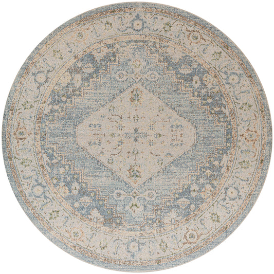 Nourison Astra Machine Washable 5'3" x Round Silver Blue Vintage Indoor Rug