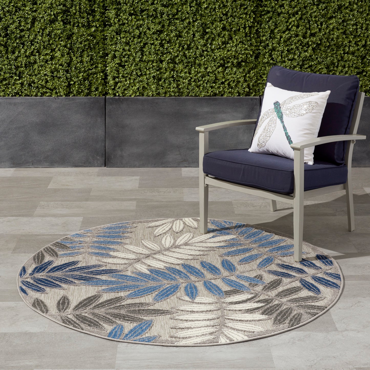 Nourison Aloha 5'3" x Round Grey/Blue Tropical Rug