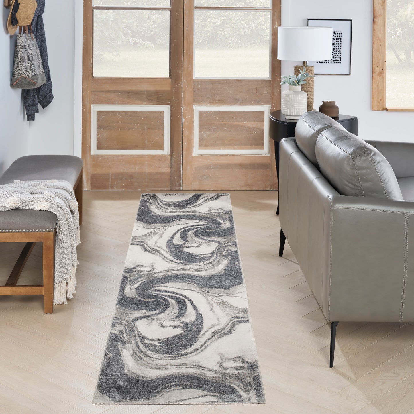 Nourison Astra Machine Washable 2' x 6' Ivory Grey Modern Indoor Rug