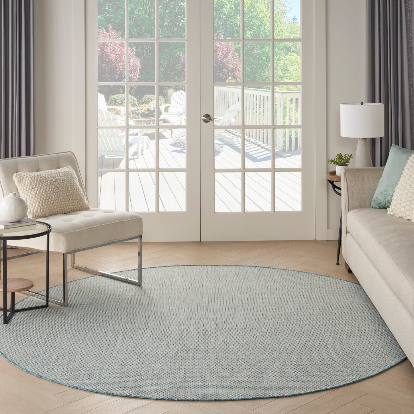 Nourison Courtyard 6' x Round Ivory Aqua Modern Rug