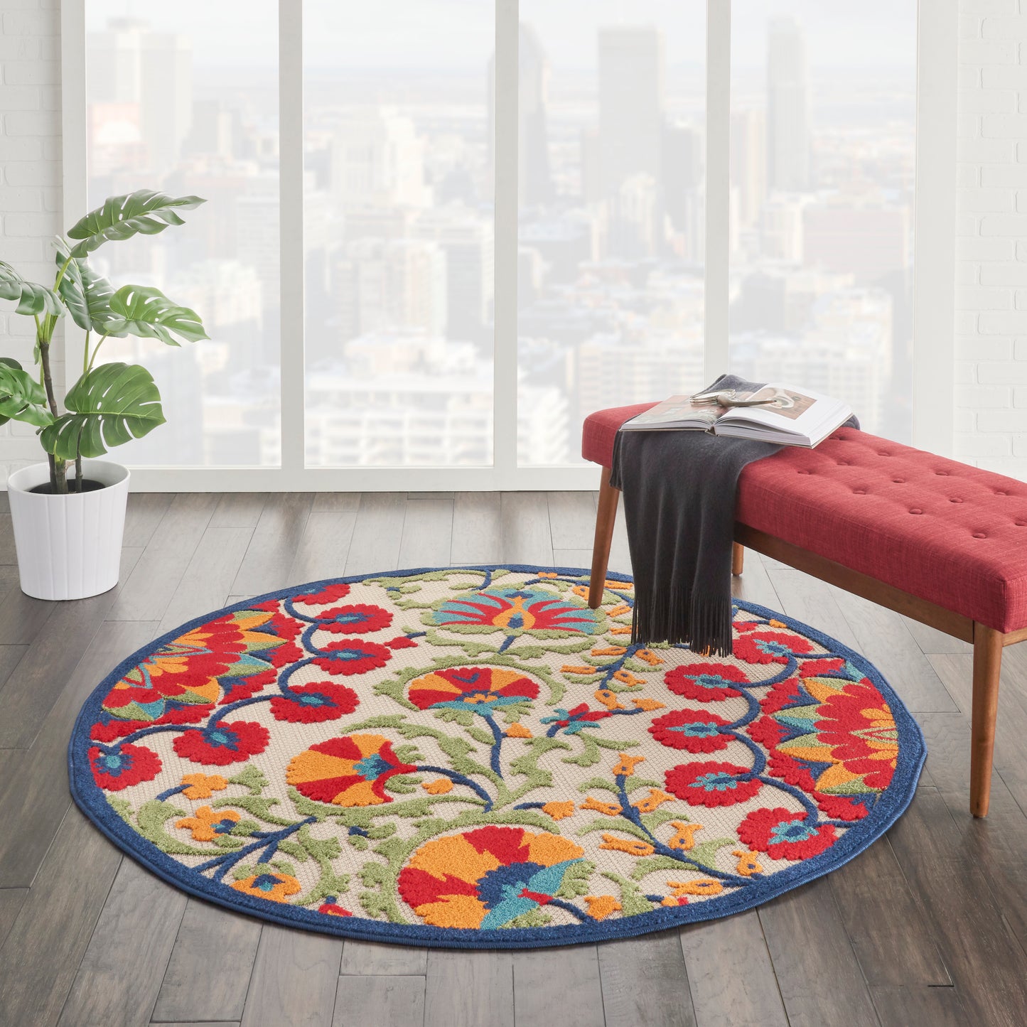 Nourison Aloha 5'3" x Round Red Multicolor Transitional Rug