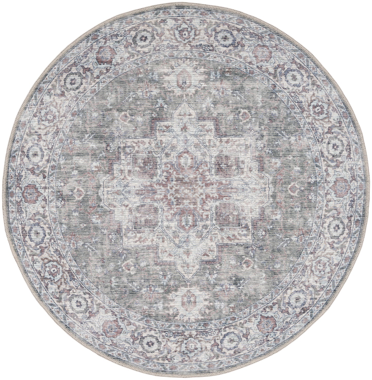 Nicole Curtis Machine Washable Series 1 4' x Round Ivory Grey Vintage Indoor Rug