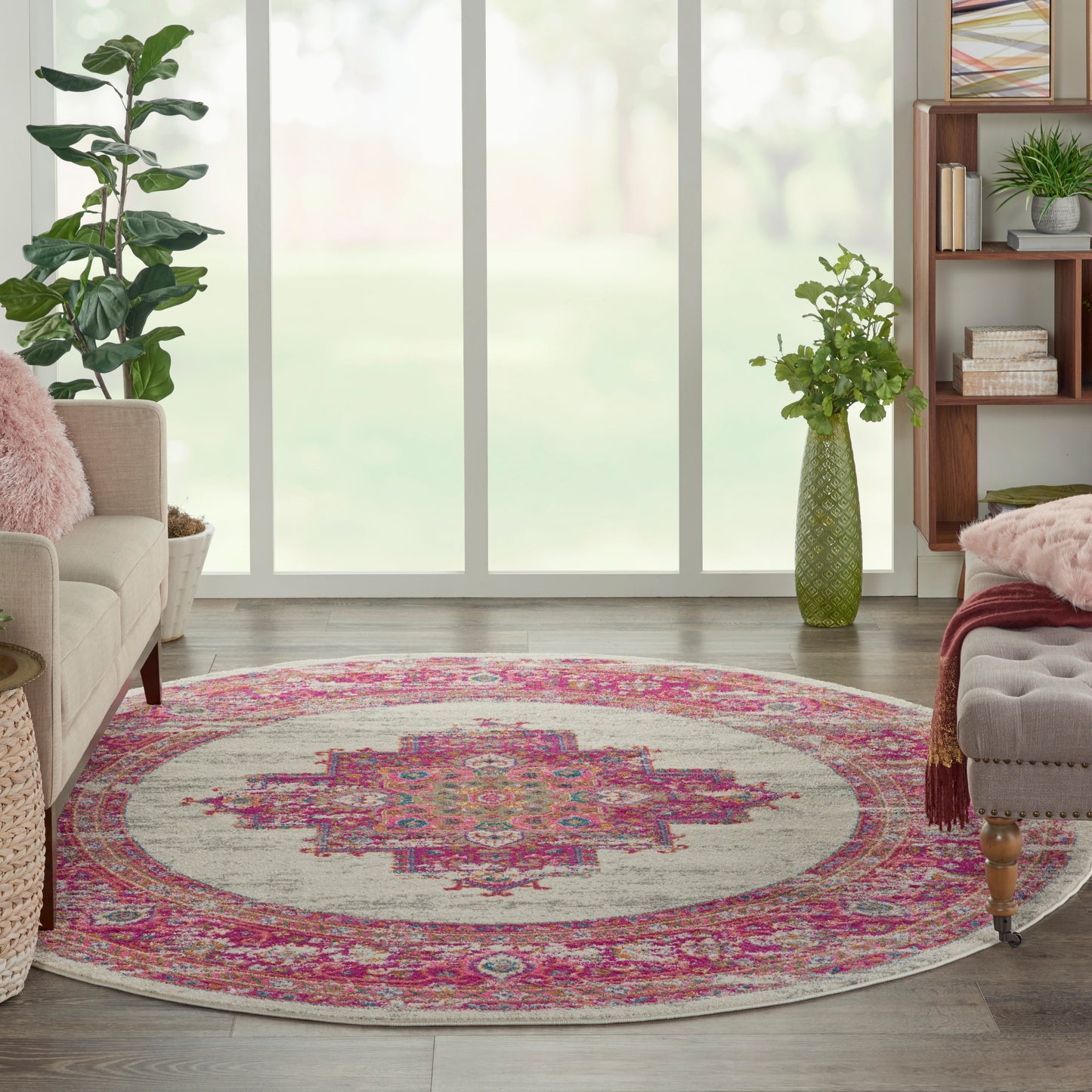 Nourison Passion 8' x Round Ivory/Fuchsia Bohemian Indoor Rug