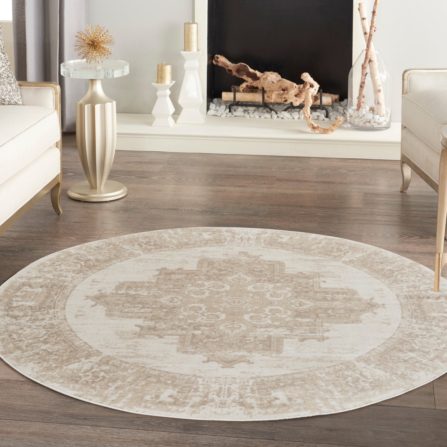 Nourison Grafix 8' x Round Ivory Beige Vintage Indoor Rug