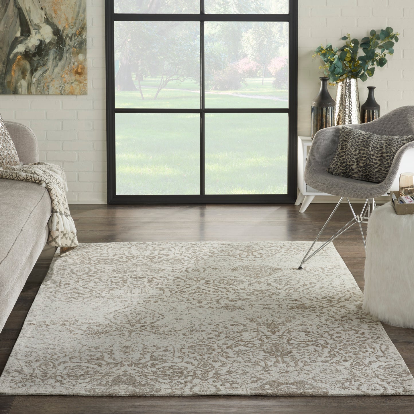 Nourison Damask 5' x 7' Ivory Farmhouse Indoor Rug