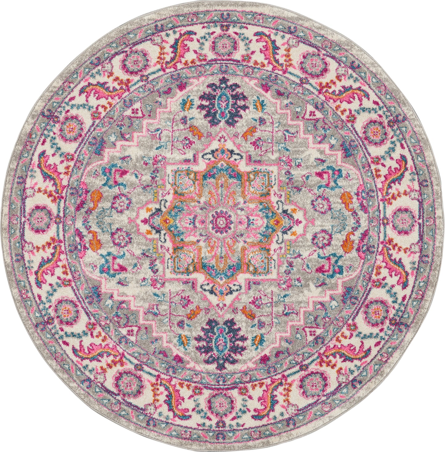 Nourison Passion 5' x Round Light Grey/Pink Bohemian Indoor Rug