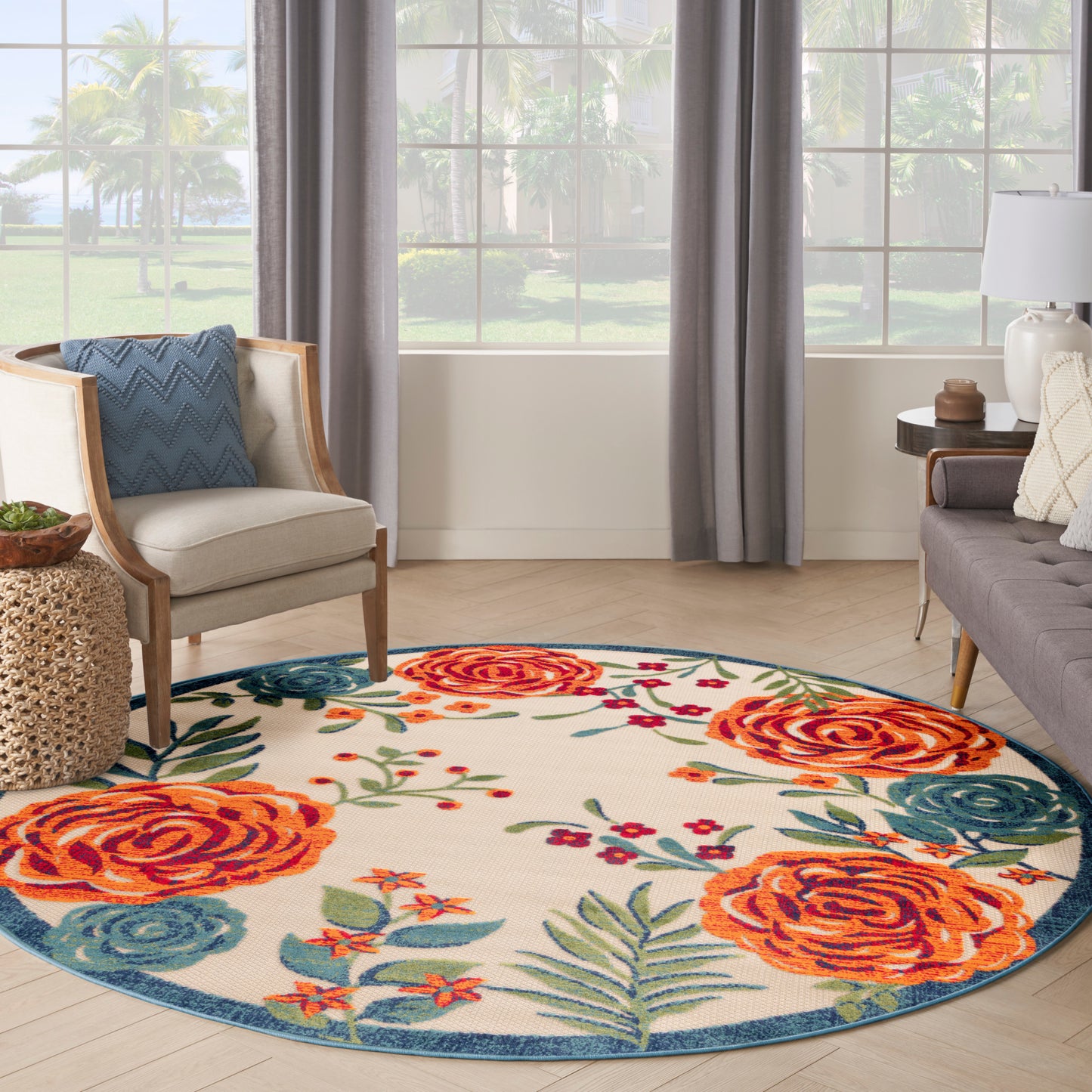 Nourison Aloha 7'10" x Round Ivory Multicolor Outdoor Rug