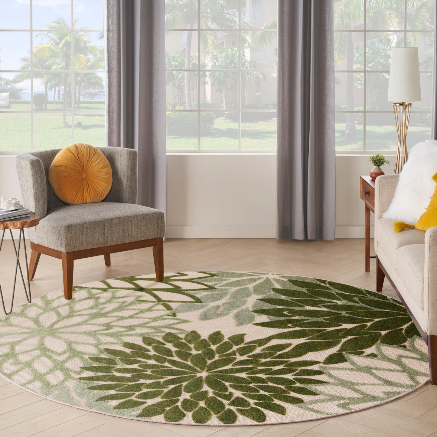 Nourison Aloha 7'10" x Round Ivory Green Tropical Rug