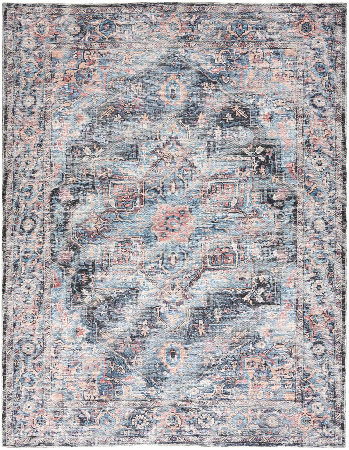 Nicole Curtis Machine Washable Series 1 7'10" x 9'10" Light Blue Multi Vintage Indoor Rug