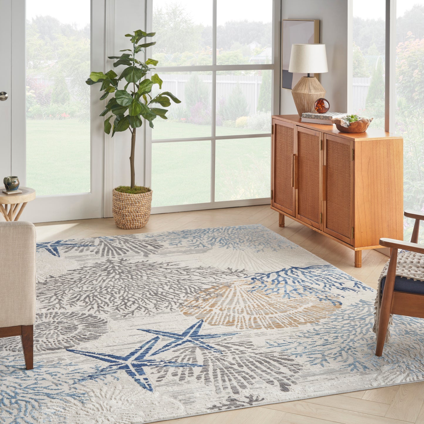 Nourison Seaside 7'10" x 9'10" Ivory Grey Blue Coastal, Nautical & Beach Indoor Rug