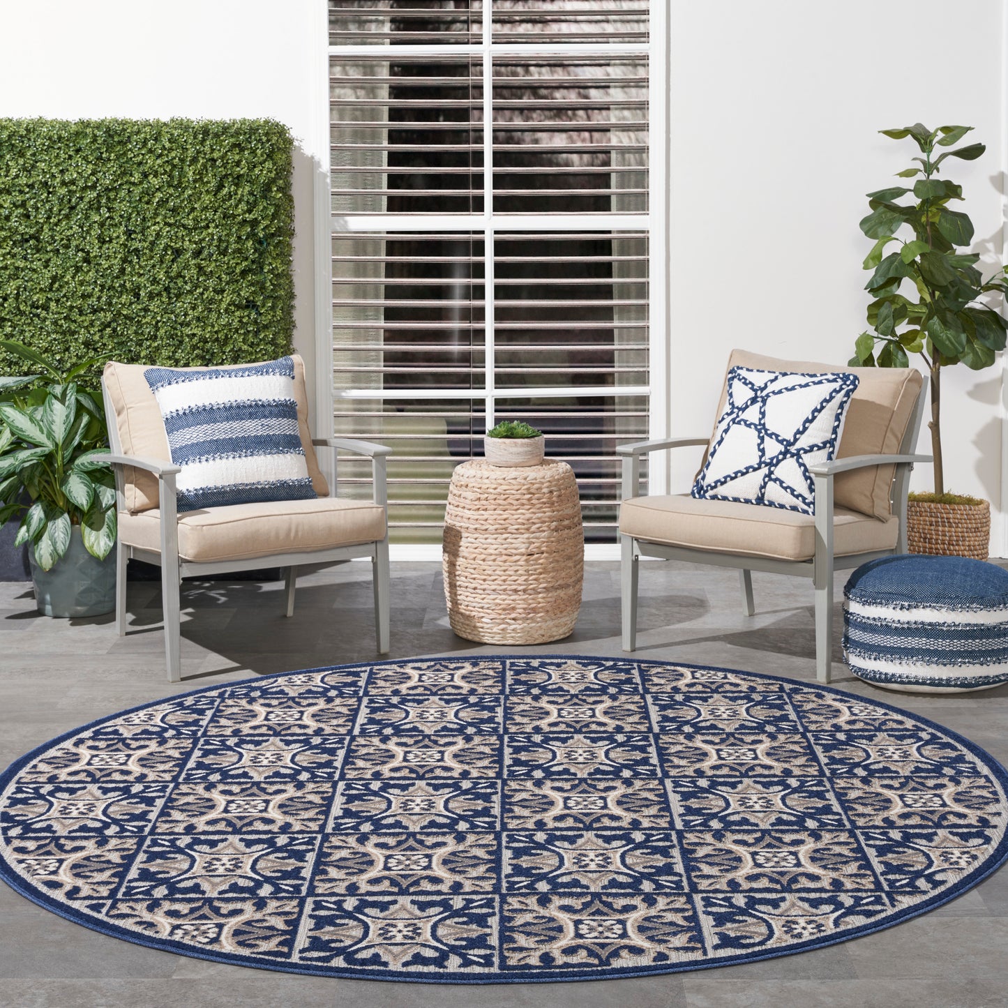 Nourison Aloha 7'10" x Round Blue Contemporary Rug