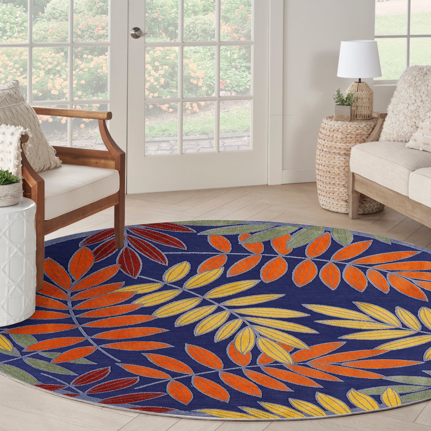 Nourison Aloha 5'3" x Round Navy Multicolor Outdoor Rug