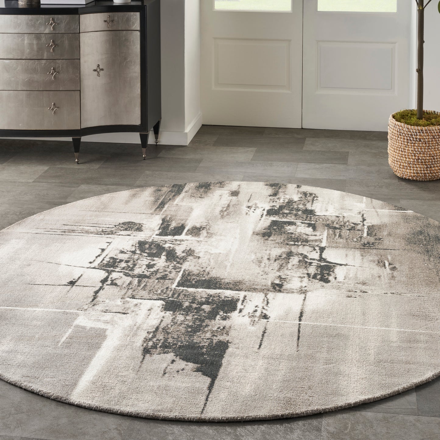 Nourison Twilight 8' x Round Grey/Ivory/Black Modern Indoor Rug