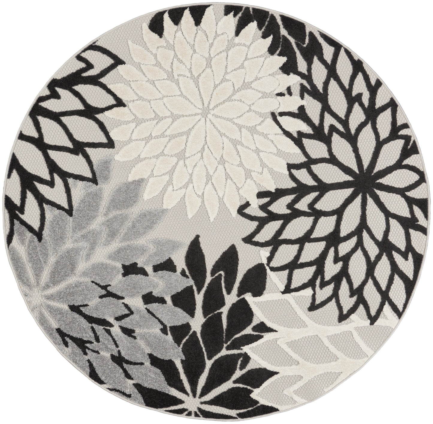 Nourison Aloha 5'3" x Round Black White Tropical Rug