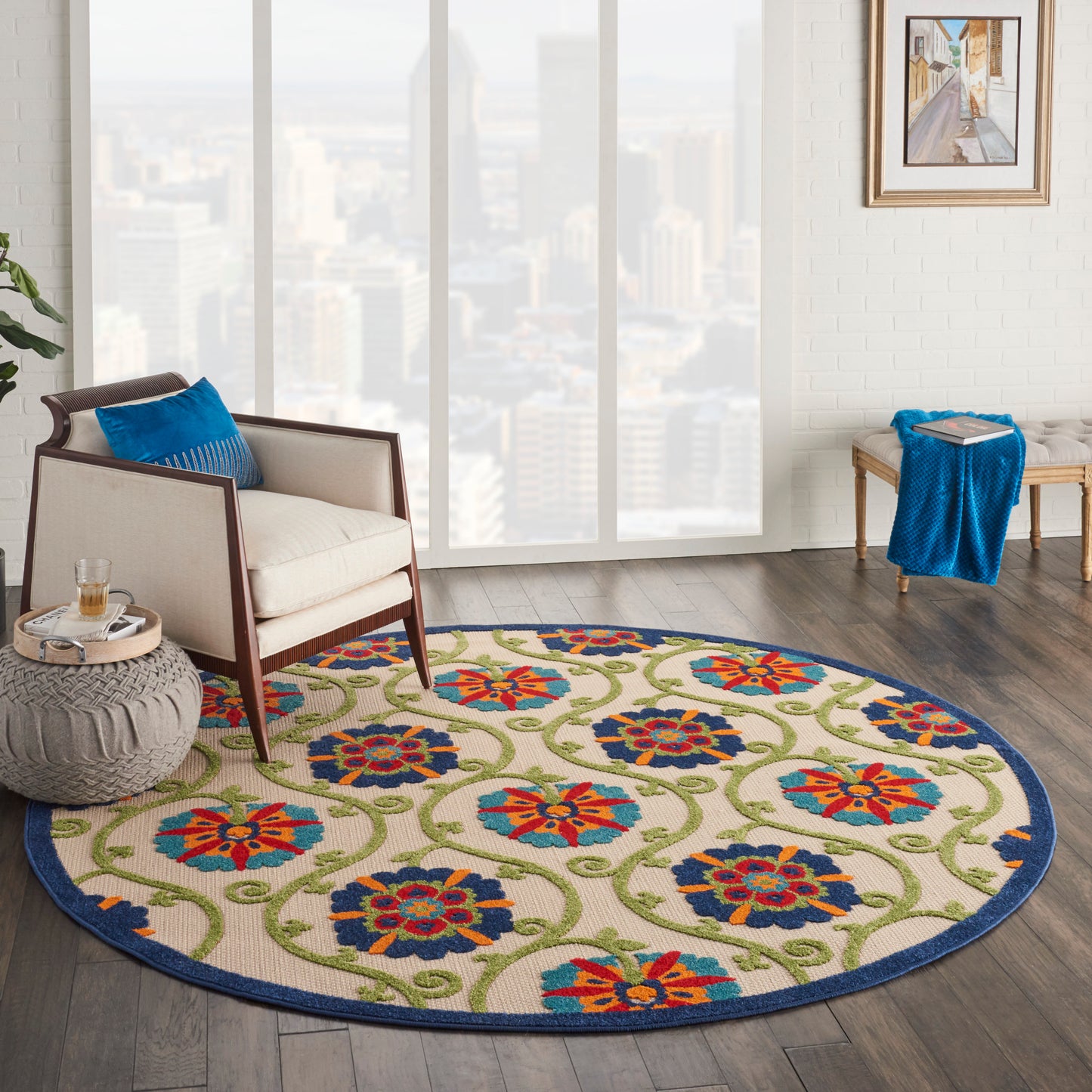 Nourison Aloha 7'10" x Round Blue Multicolor Contemporary Rug