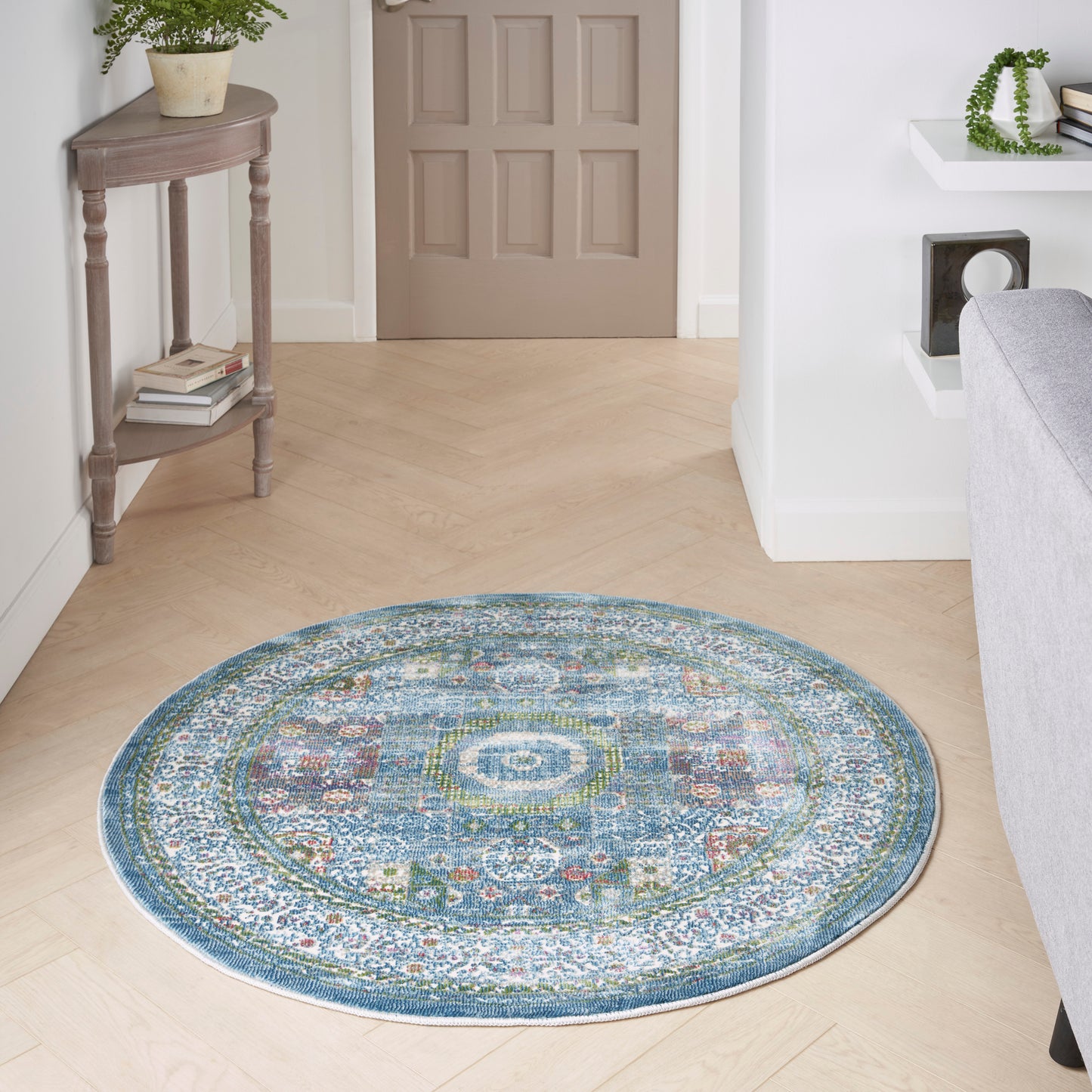 Nourison Ankara Global 4' x Round Ivory Light Blue Bohemian Indoor Rug