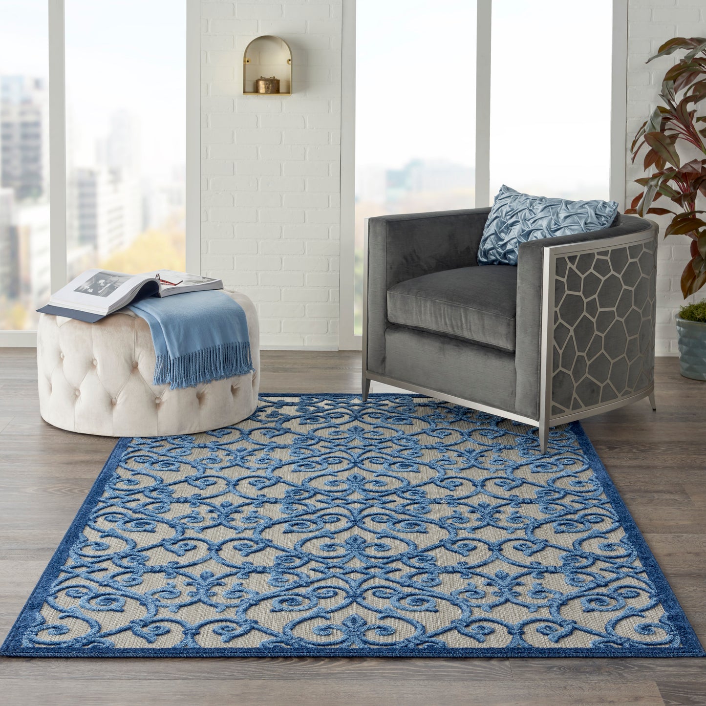 Nourison Aloha 5'3" x 7'5" Grey Blue Contemporary Rug