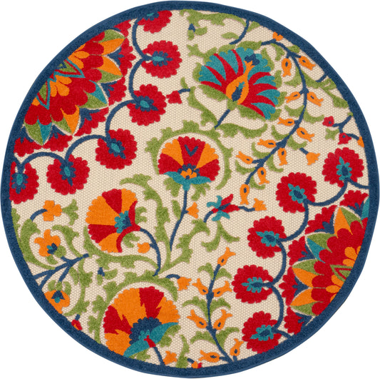 Nourison Aloha 4' x Round Red Multicolor Transitional Rug