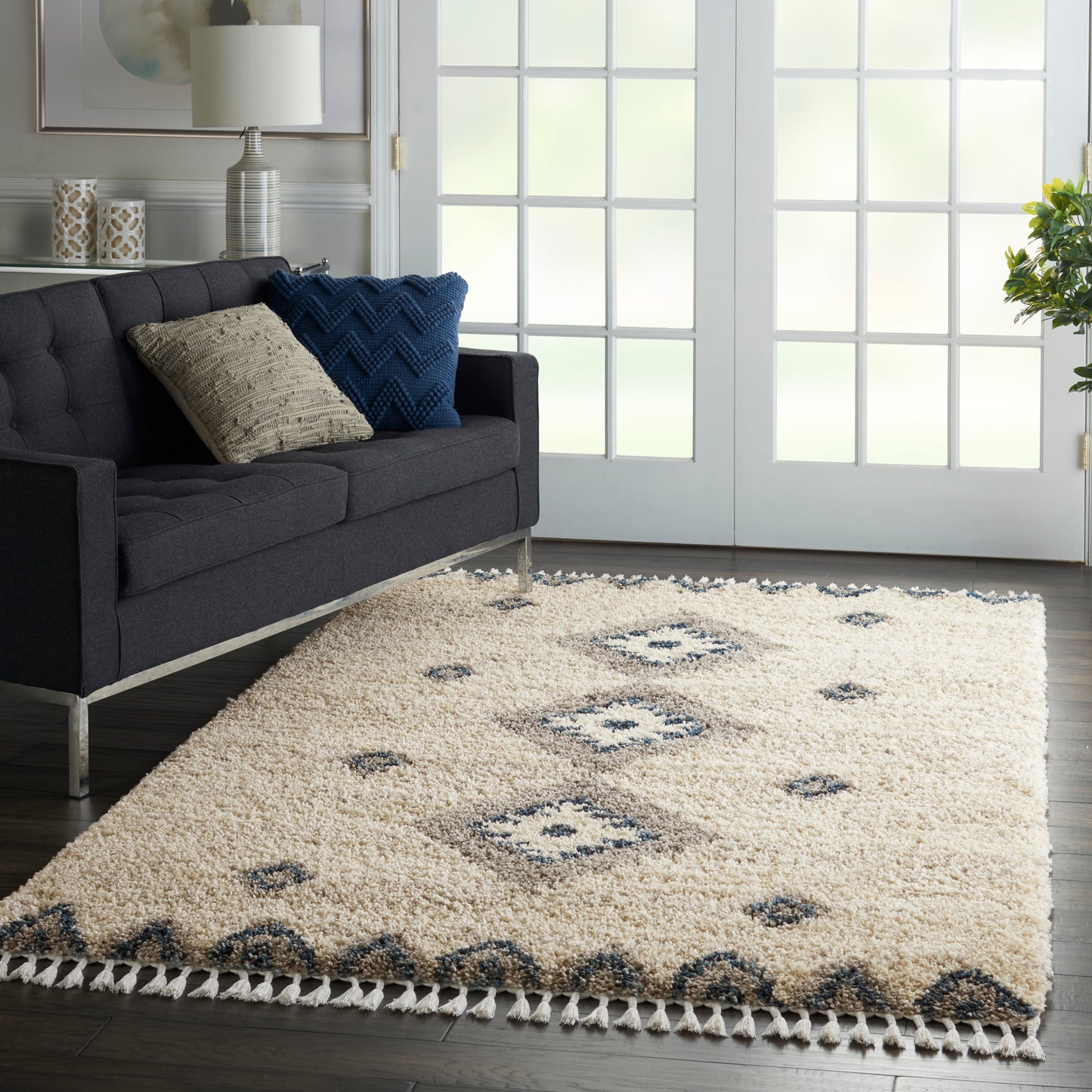 Nourison Oslo Shag 4' x 6' Ivory/Blue Shag Indoor Rug