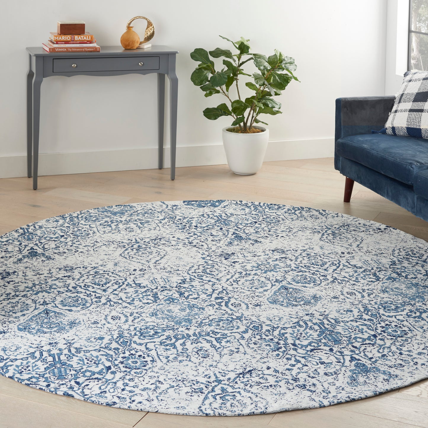 Nourison Damask 8' x Round Ivory/Navy Vintage Indoor Rug