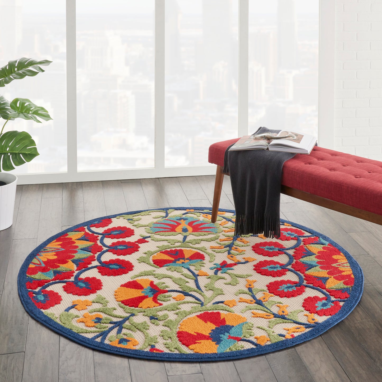 Nourison Aloha 5'3" x Round Red Multicolor Transitional Rug