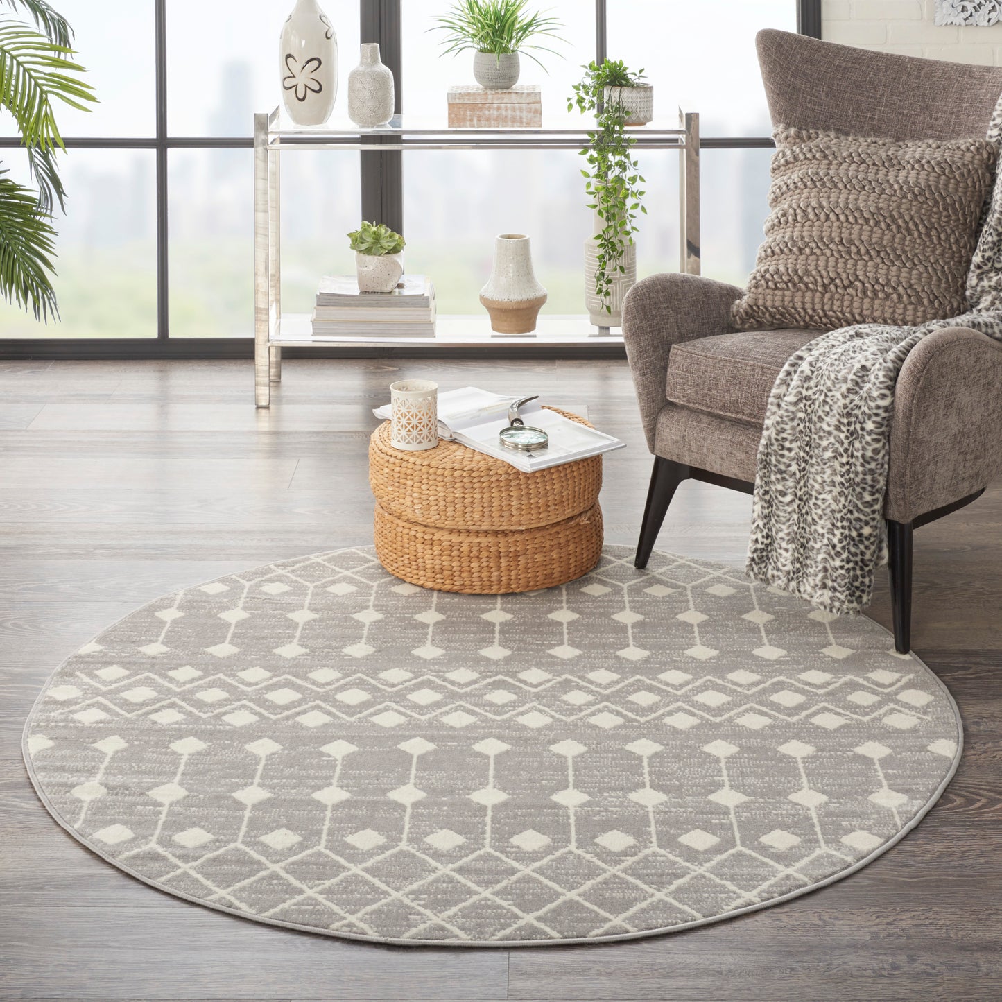 Nourison Grafix 5'3" x Round Grey Bohemian Indoor Rug