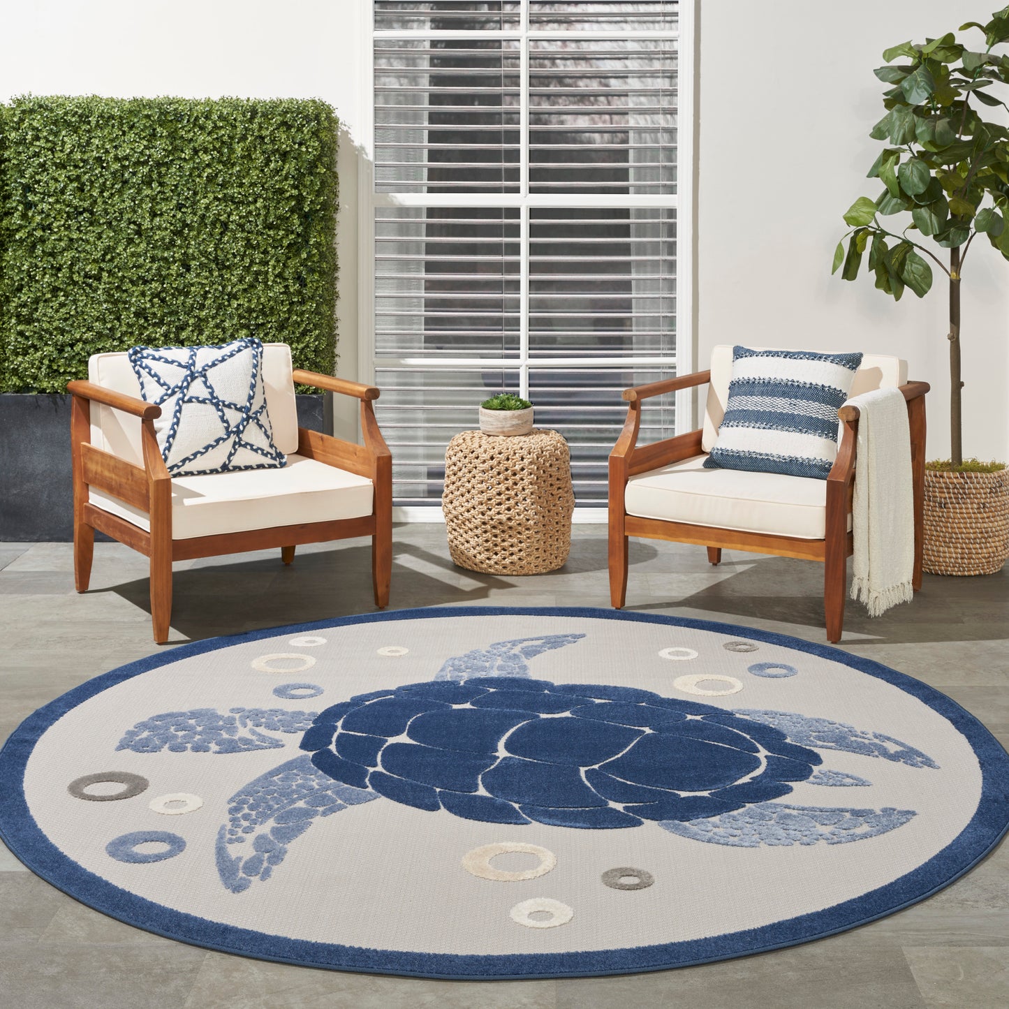 Nourison Aloha 5'3" x Round Navy Blue Coastal, Nautical & Beach Rug