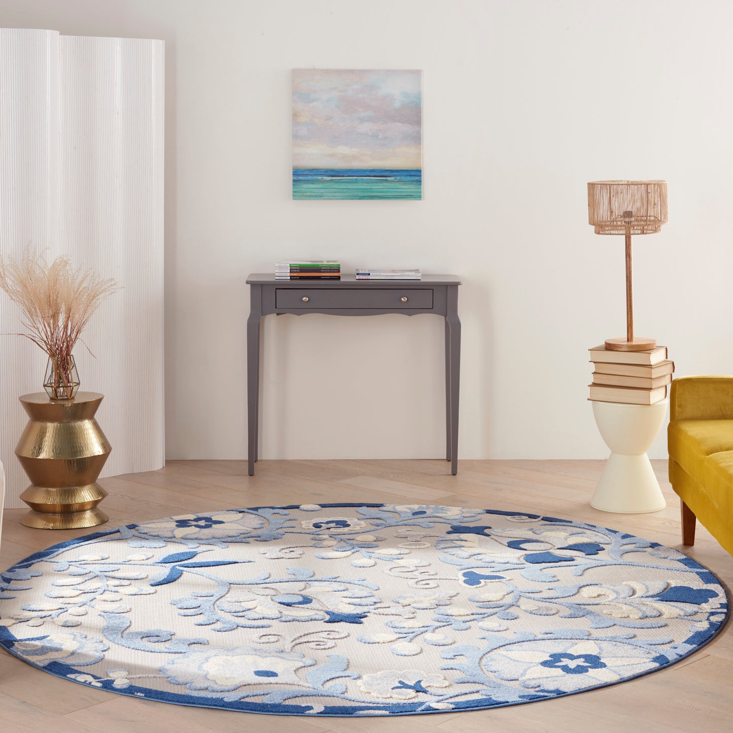 Nourison Aloha 7'10" x Round Blue Grey Farmhouse Rug