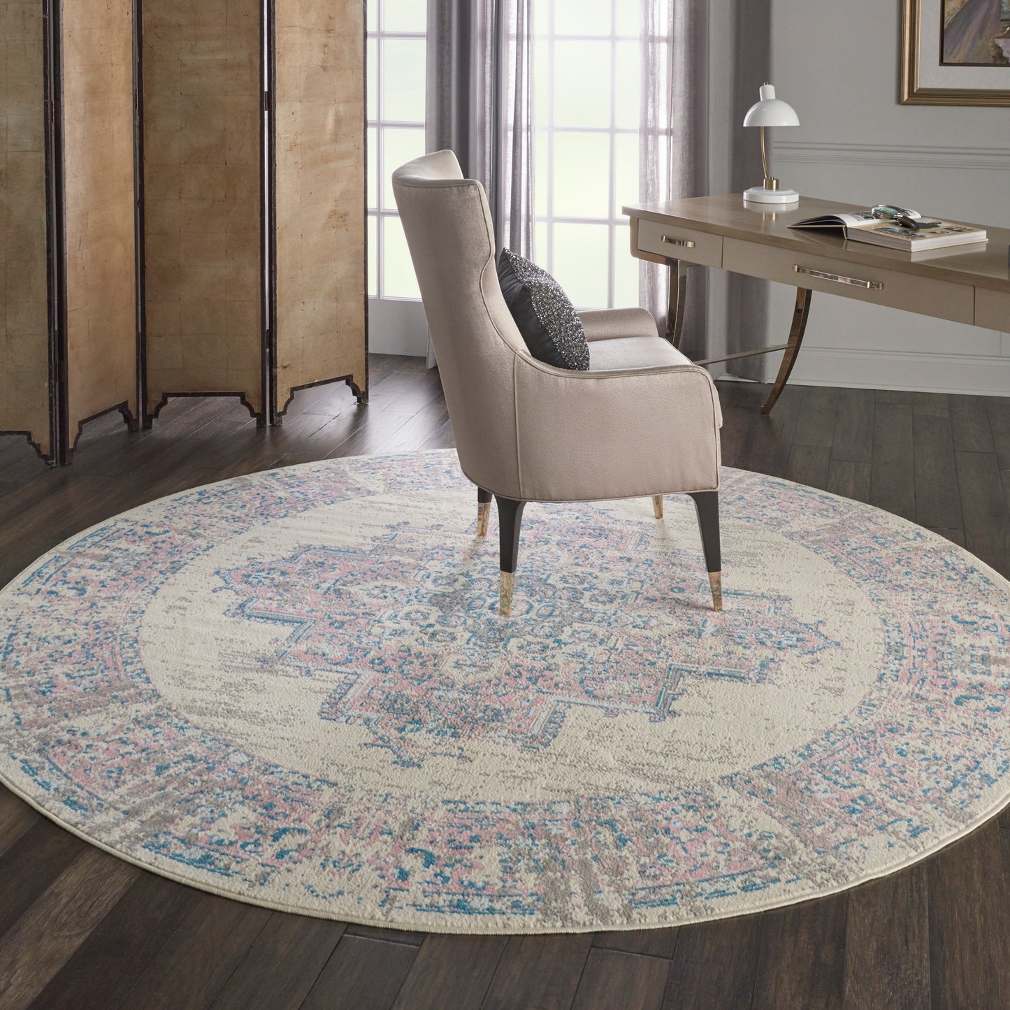 Nourison Grafix 8' x Round Ivory/Pink Vintage Indoor Rug