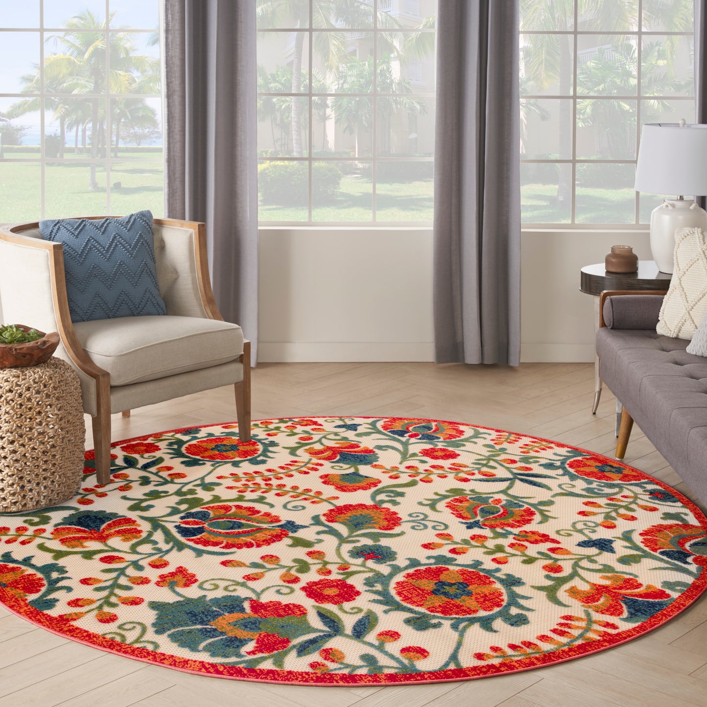 Nourison Aloha 5'3" x Round Red Multicolor Farmhouse Rug