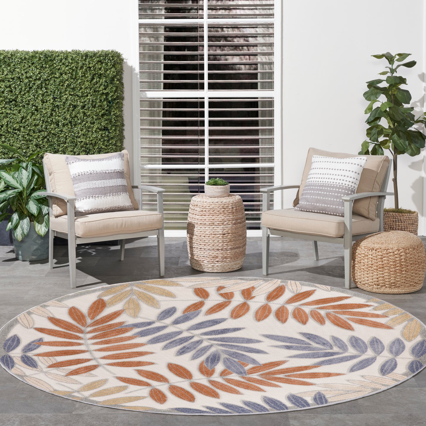 Nourison Aloha 7'10" x Round Blue Mocha Outdoor Rug