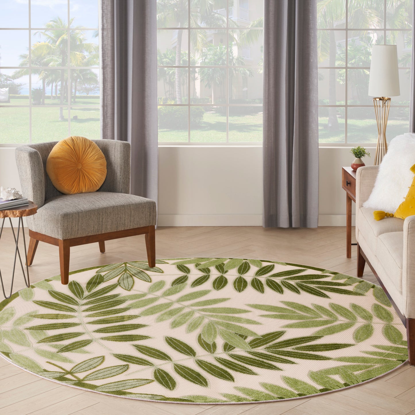 Nourison Aloha 5'3" x Round Ivory Green Outdoor Rug