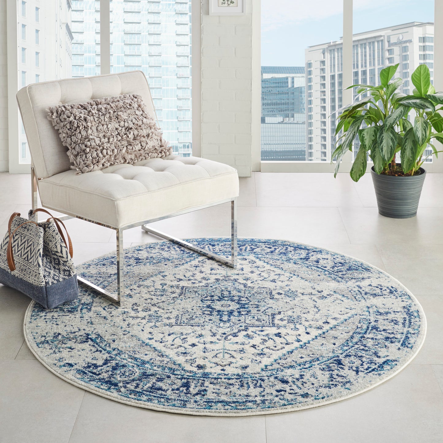 Nourison Tranquil 7’10” x Round Ivory/Light Blue Vintage Indoor Rug