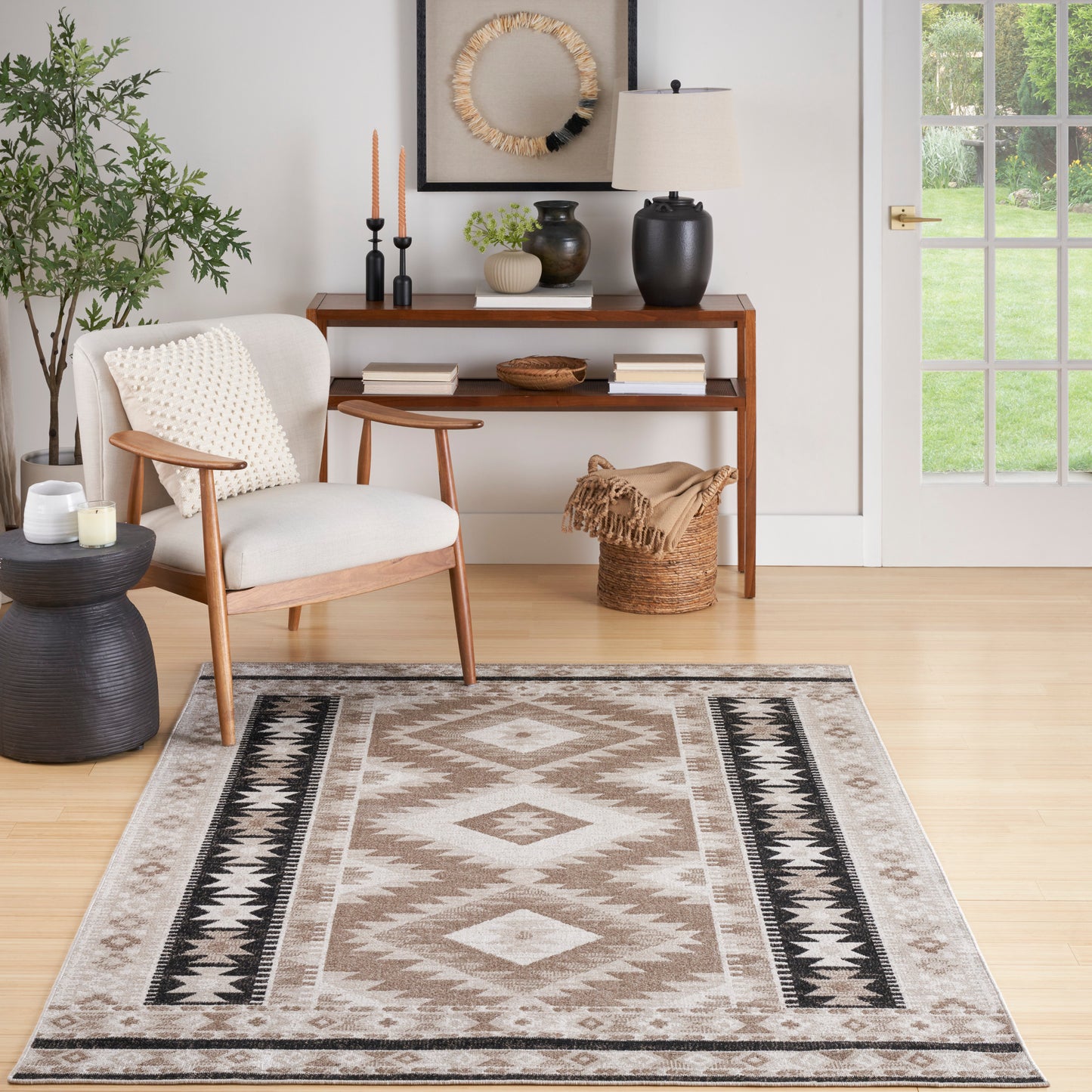 Nourison Washable Decor 6'7" x 9' Beige Black Bohemian Indoor Rug