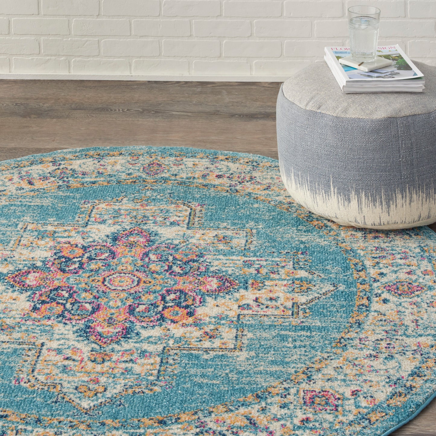 Nourison Passion 5' x Round Light Blue Bohemian Indoor Rug