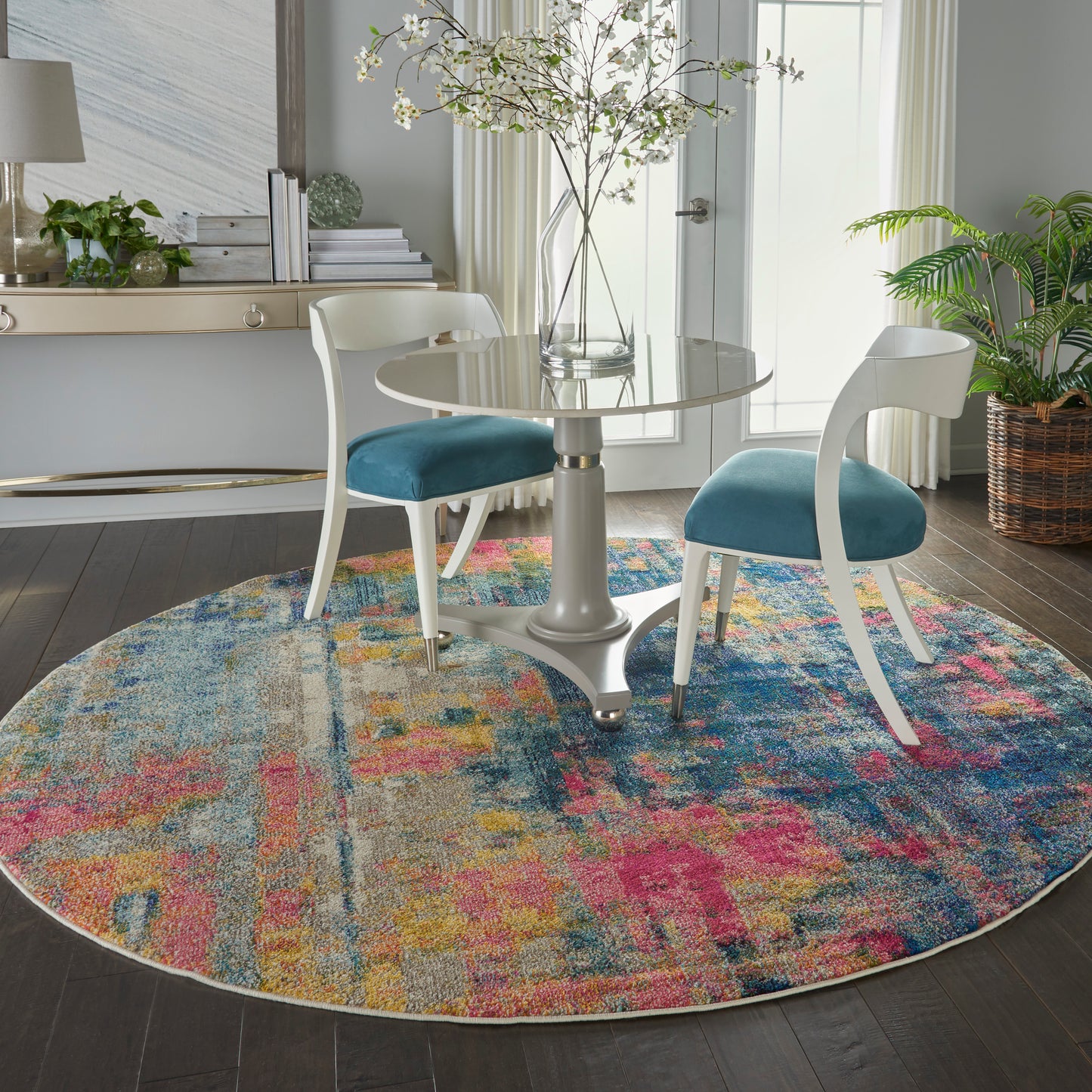 Nourison Celestial 7’10” x Round Blue Yellow Modern & Contemporary Indoor Rug