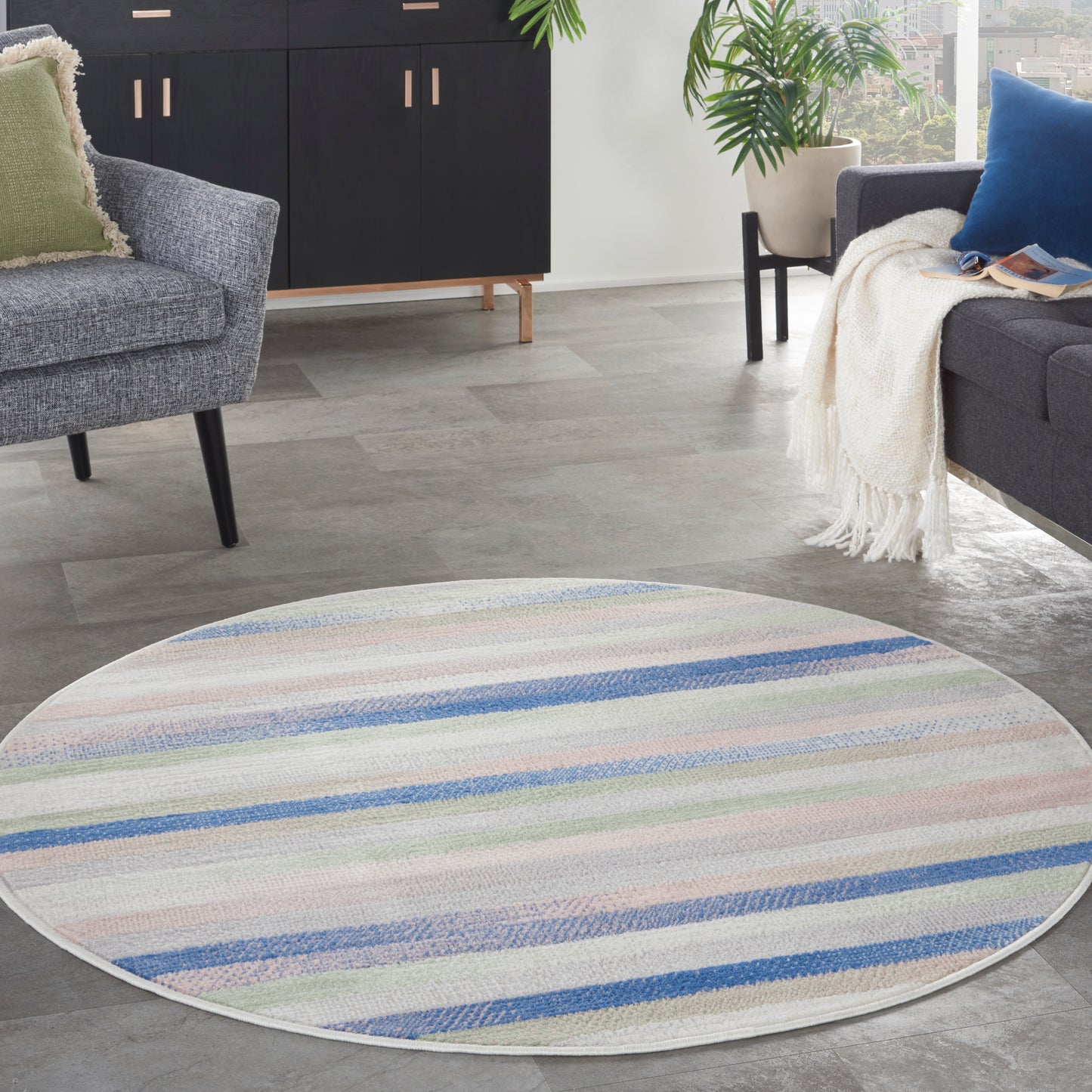 Nourison Whimsicle 5' x Round Ivory Multicolor Modern Indoor Rug