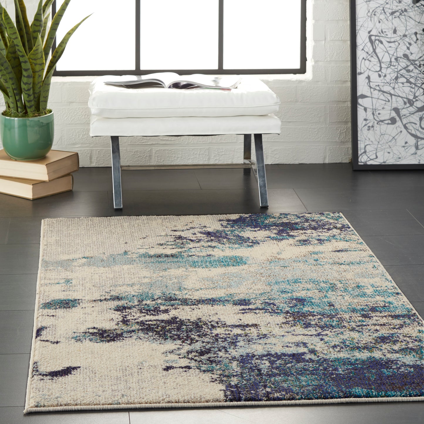 Nourison Celestial 3' x 5' Ivory/Teal Blue Modern Indoor Rug