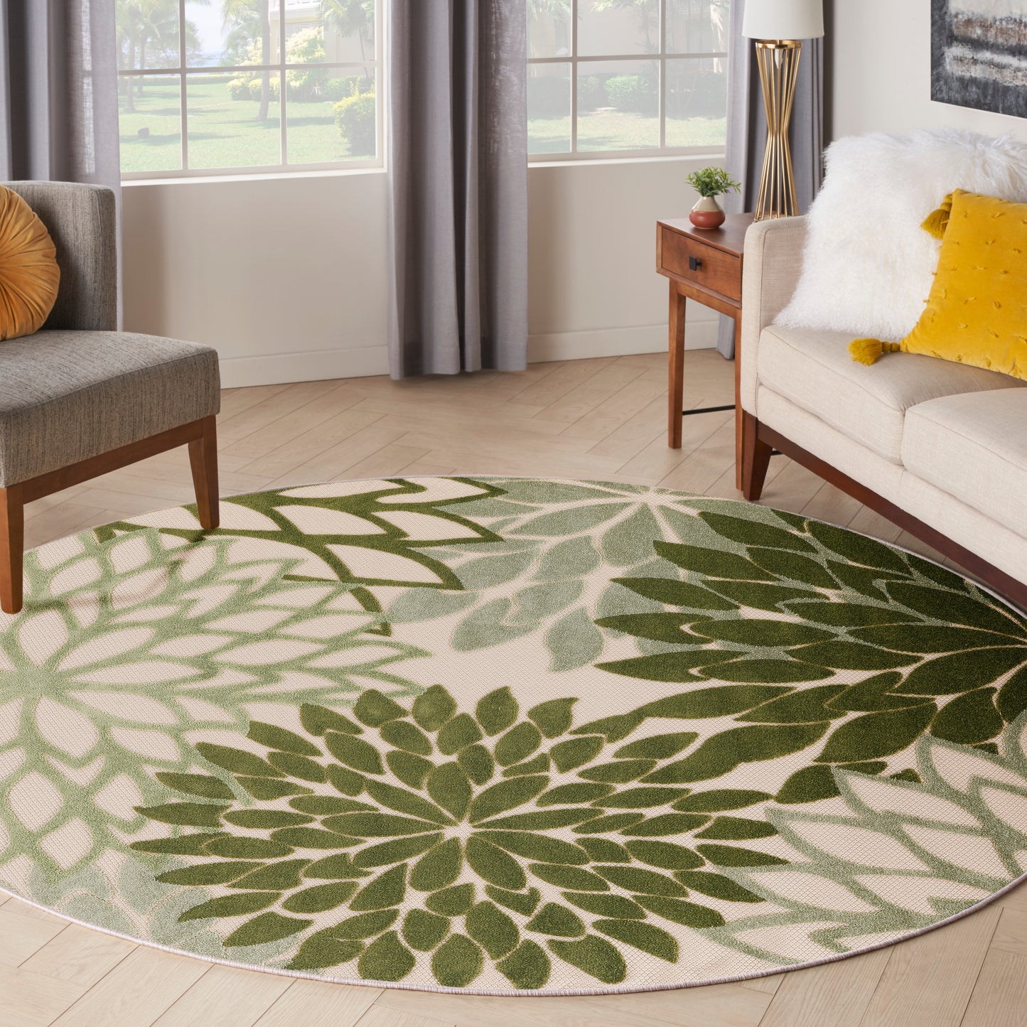 Nourison Aloha 7'10" x Round Ivory Green Tropical Rug