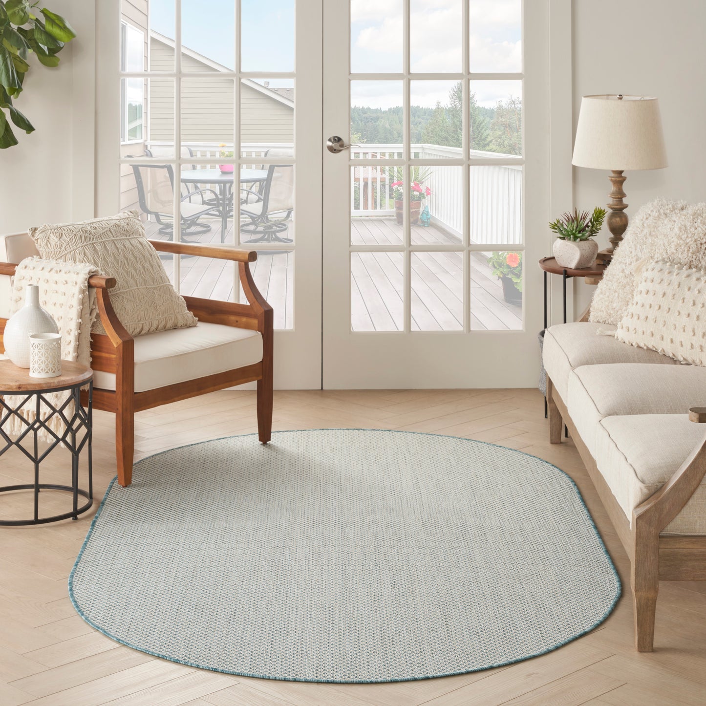 Nourison Courtyard 5' x 8' Oval Ivory Aqua Modern Rug