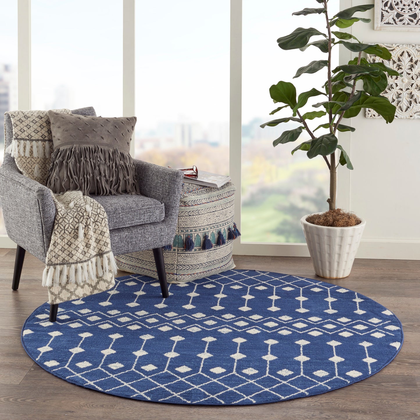 Nourison Grafix 5'3" x Round Navy Bohemian Indoor Rug